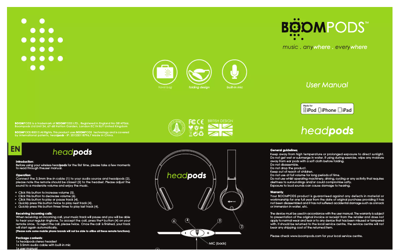 Page 1 de la notice Manuel utilisateur Boompods Headpods