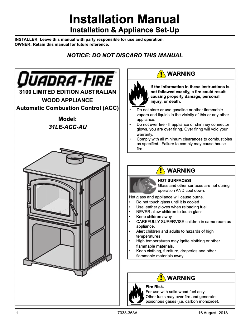 Page 1 de la notice Manuel utilisateur Quadra-Fire 31LE-ACC-AU