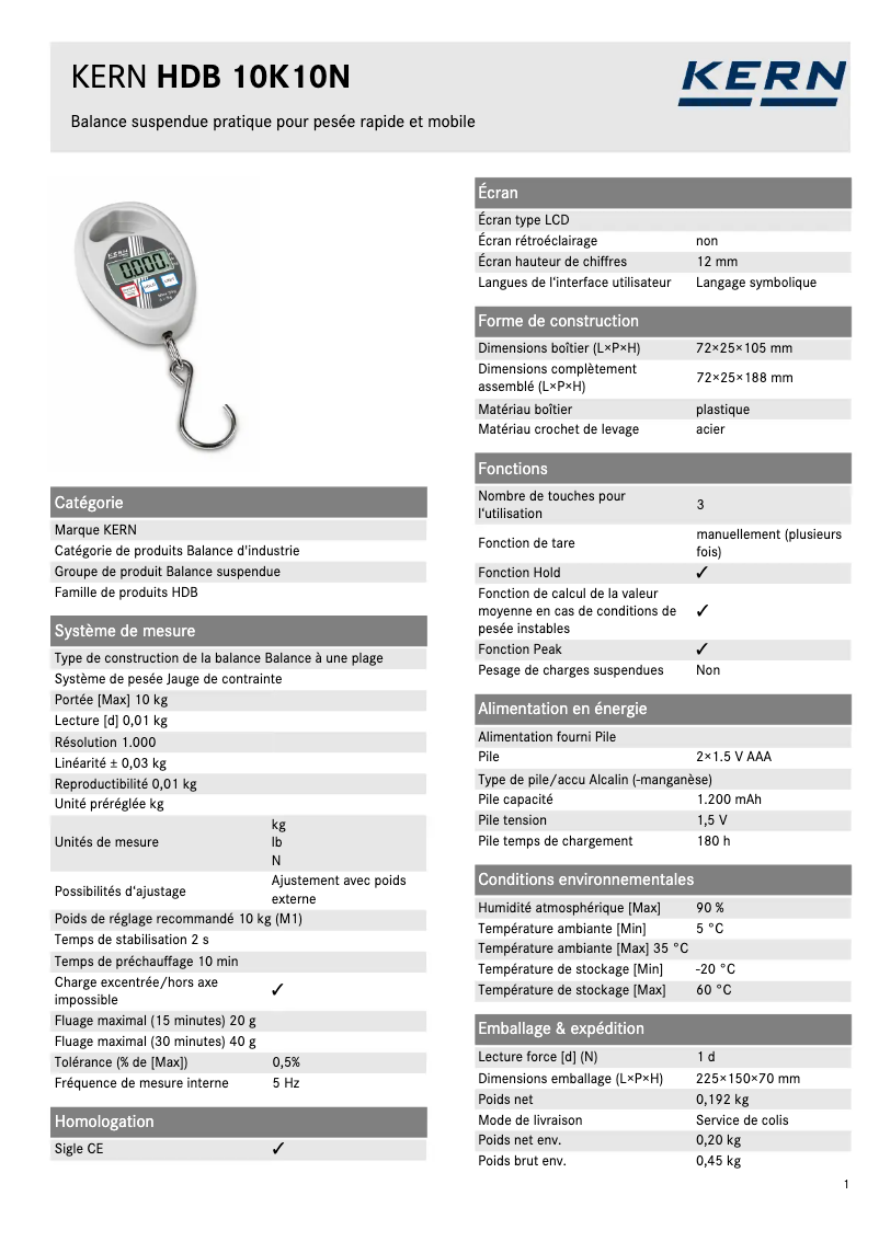 Page 1 de la notice Fiche technique Kern HDB 10K10N