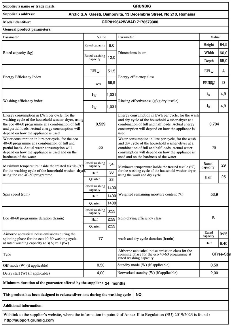 Page 1 de la notice Fiche technique Grundig GDP812642WWAD