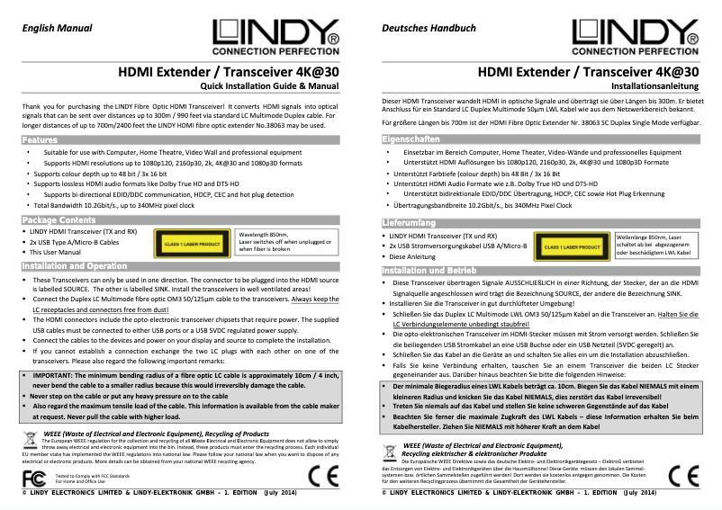 Page 1 de la notice Manuel utilisateur Lindy 38170
