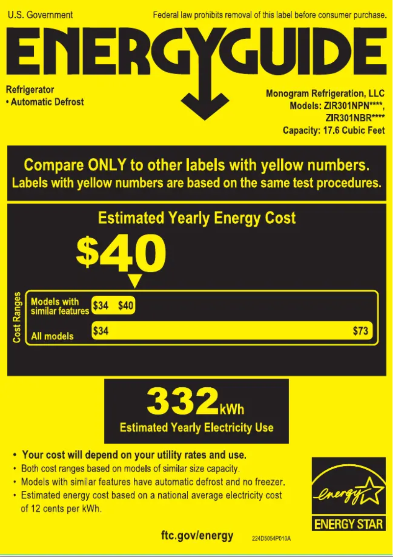 Page 1 de la notice Label énergétique Monogram ZIR301NBRII
