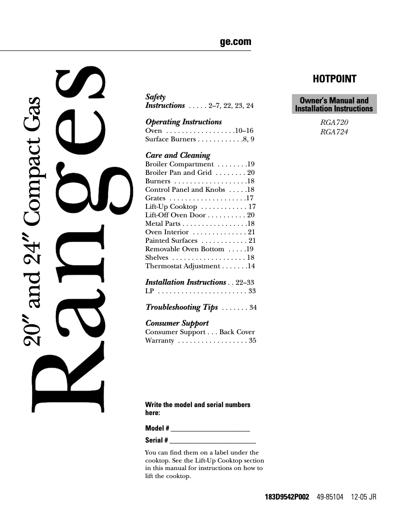 Page 1 de la notice Instructions / montage Hotpoint RGA724EKWH