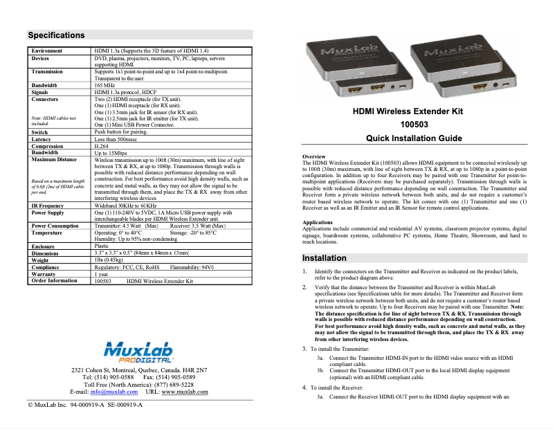 Page 1 de la notice Manuel utilisateur MuxLab 100503