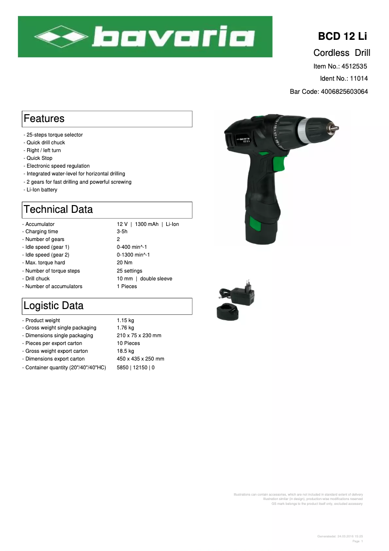 Página 1 del manual Ficha técnica Bavaria BCD 12 Li