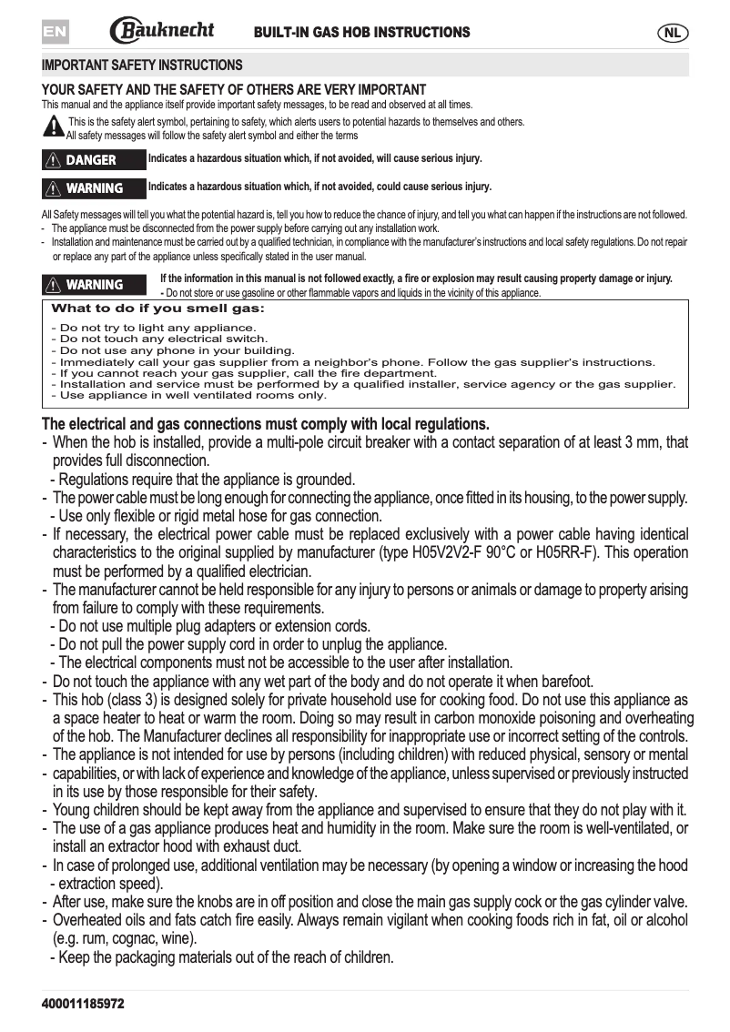 Page 1 de la notice Manuel utilisateur Bauknecht TGW 6465 IXL