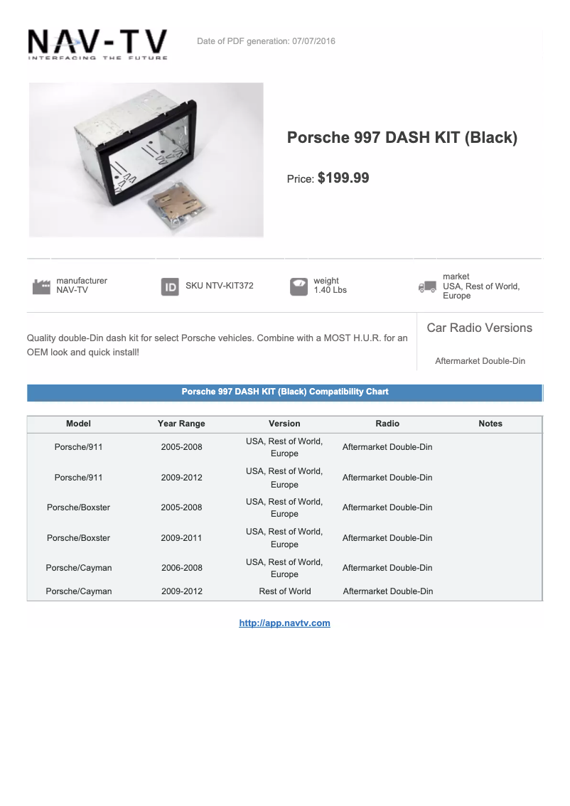 Image de la première page du manuel de l'appareil Dash Kit NTV-KIT372