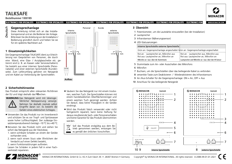 Page 1 de la notice Manuel utilisateur Monacor TALKSAFE