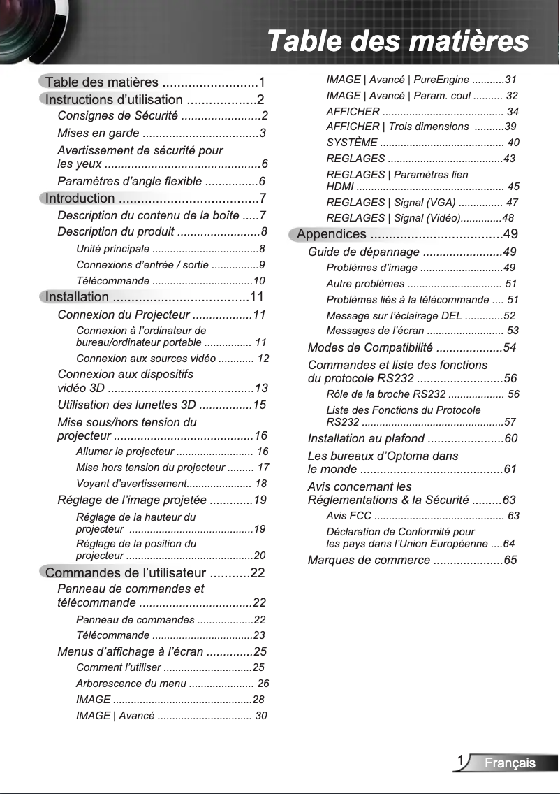 Page 1 de la notice Manuel utilisateur Optoma HD91+