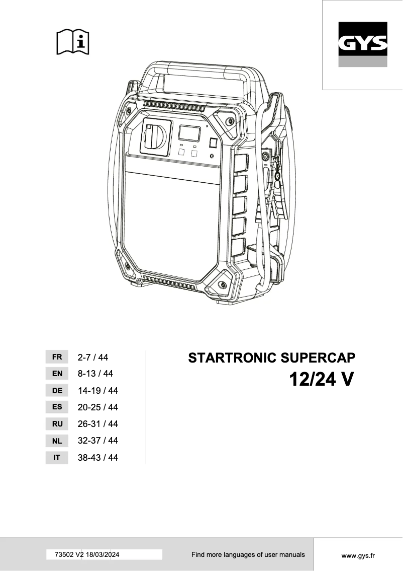 Page n°1 - Manuel utilisateur GYS Startronic Supercap 12/24 V