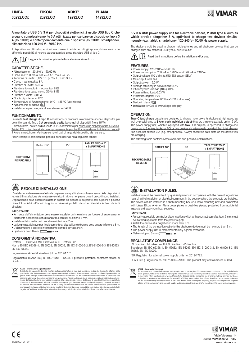 Page n°1 - Manuel utilisateur Vimar 30292.CCC