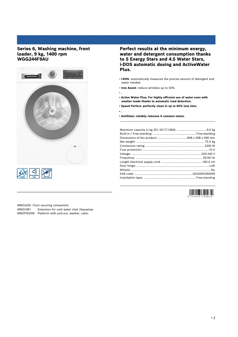 Image de la première page du manuel de l'appareil WGG244F9AU