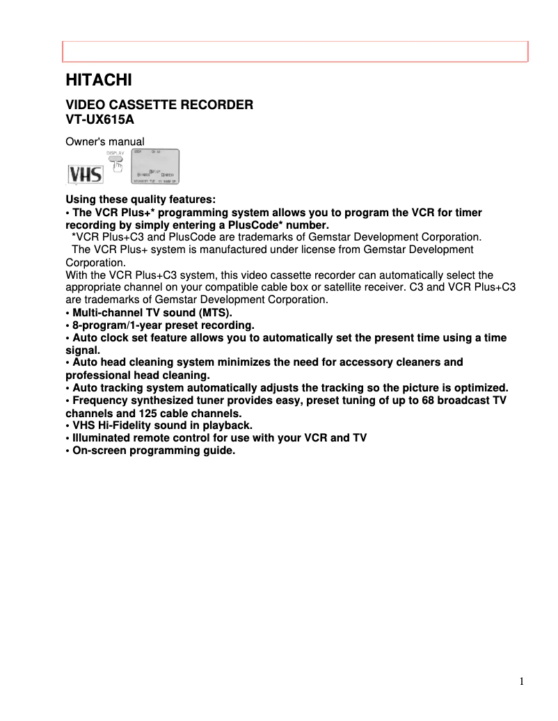 Page 1 de la notice Manuel utilisateur Hitachi VT-FX615A