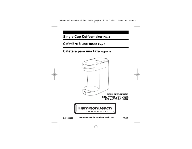 Page 1 de la notice Manuel utilisateur Hamilton Beach HDC200B