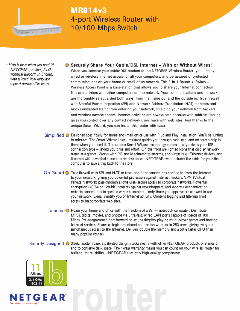 Page 1 de la notice Fiche technique Netgear MR814v3