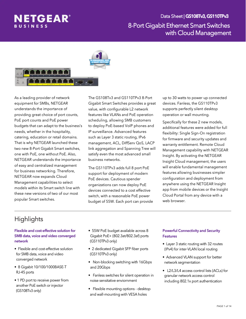 Page n°1 - Fiche technique Netgear GS110TPv3