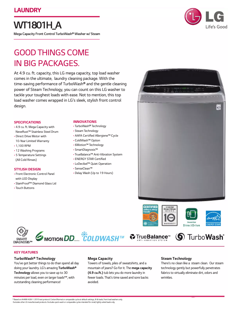 Page n°1 - Fiche technique LG WT1801H