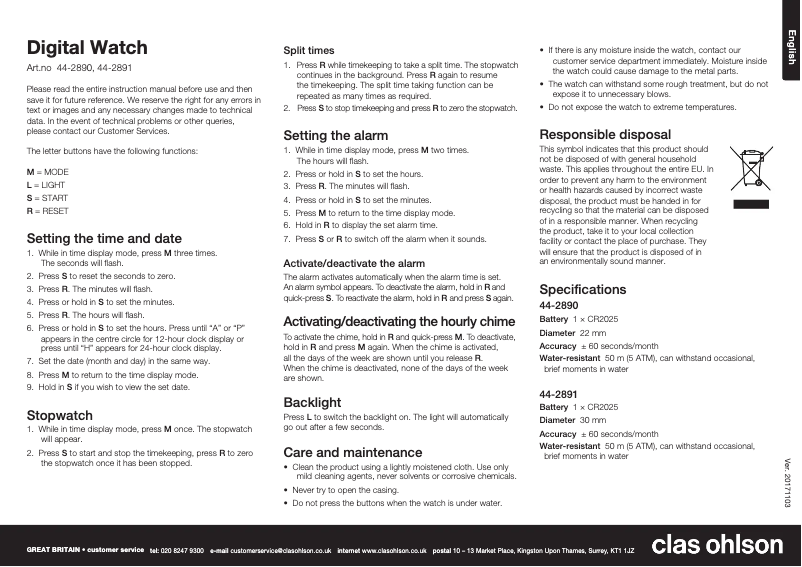 Page n°1 - Manuel utilisateur Clas Ohlson 44-2891