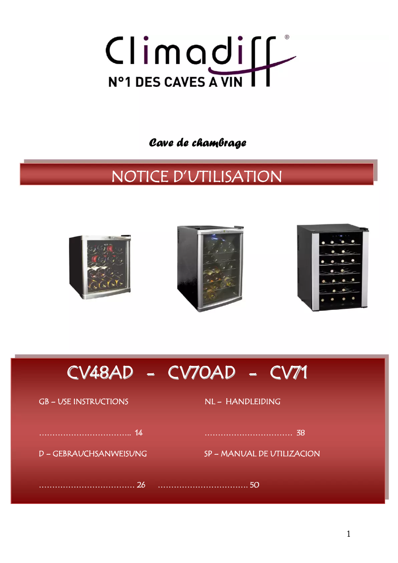 Page 1 de la notice Manuel utilisateur Climadiff CV71