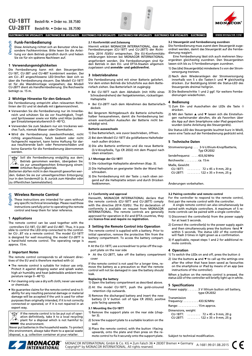Page n°1 - Manuel utilisateur Monacor CU-1BTT
