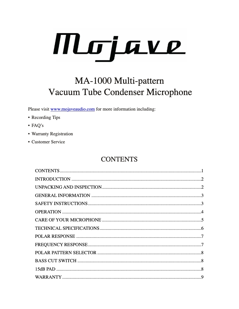 Page 1 de la notice Manuel utilisateur Mojave MA-1000