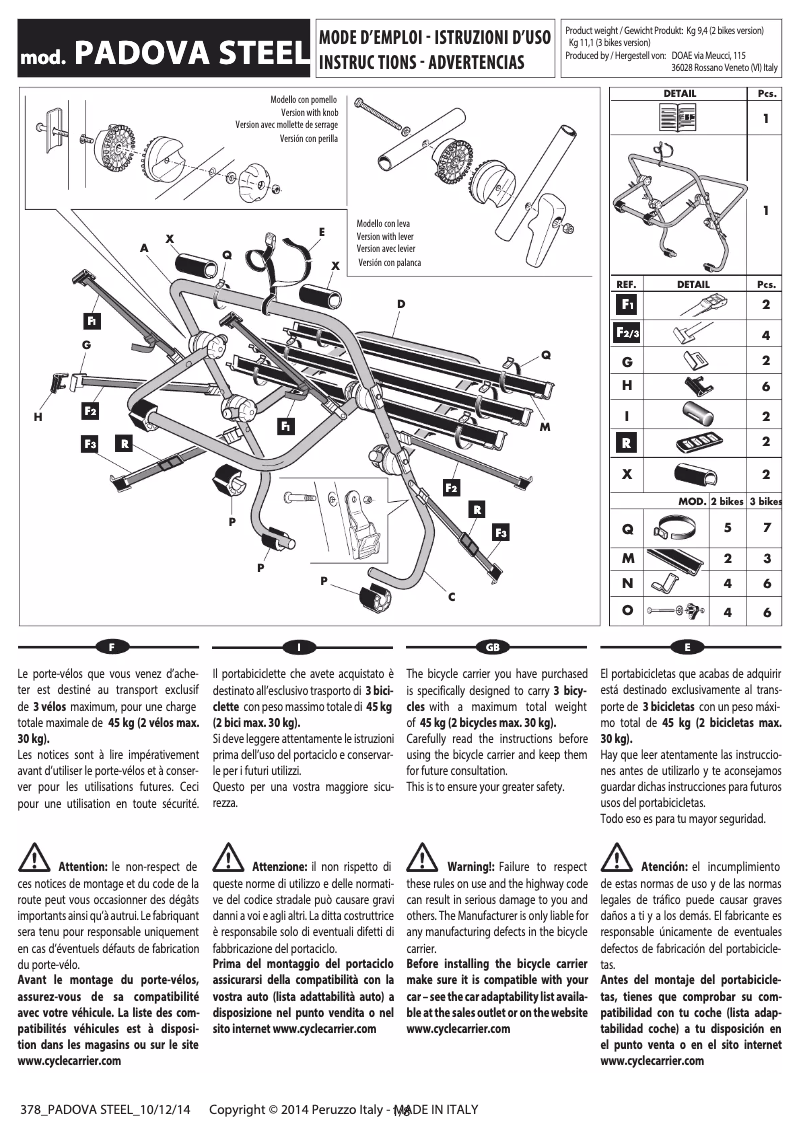 Page 1 de la notice Manuel utilisateur Peruzzo Padova