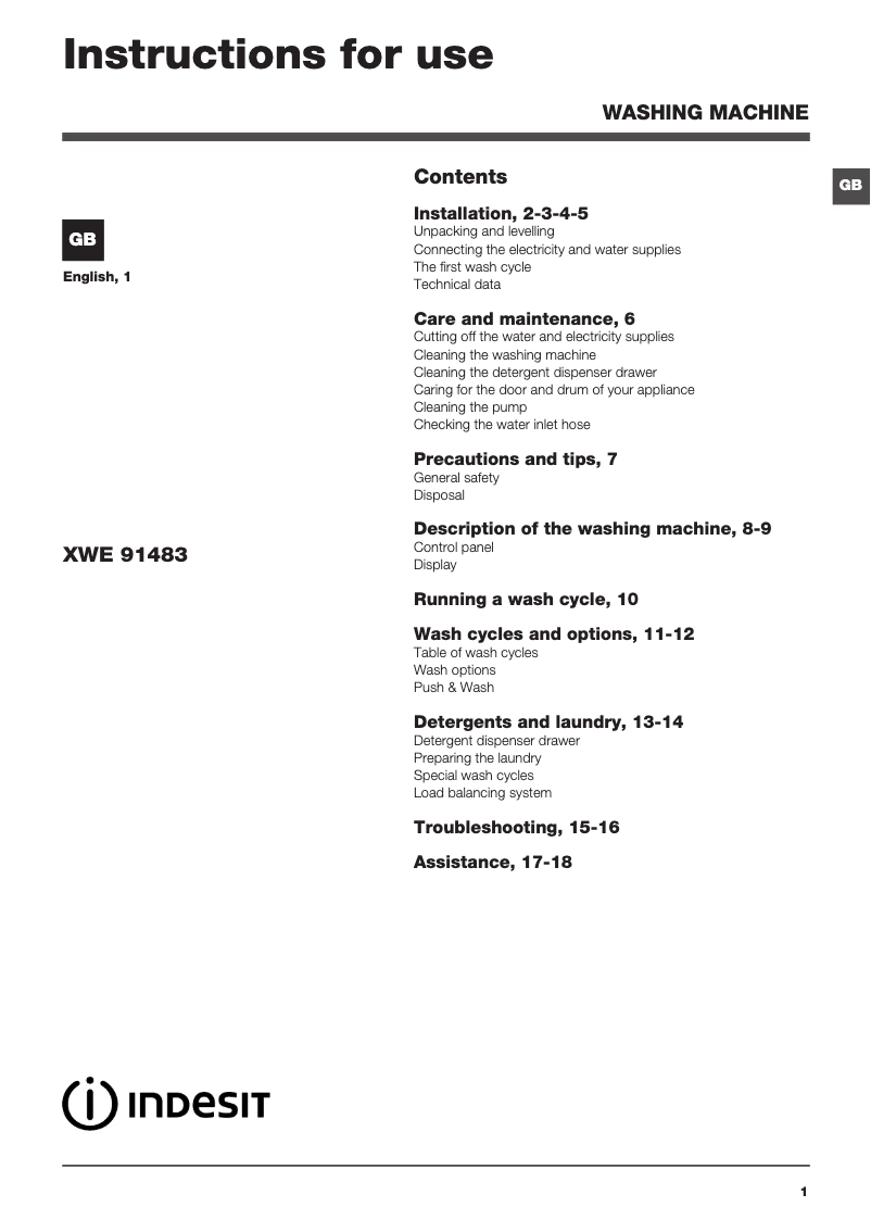 Imagen de la primera página del manual del dispositivo XWE 91483X WKKK UK