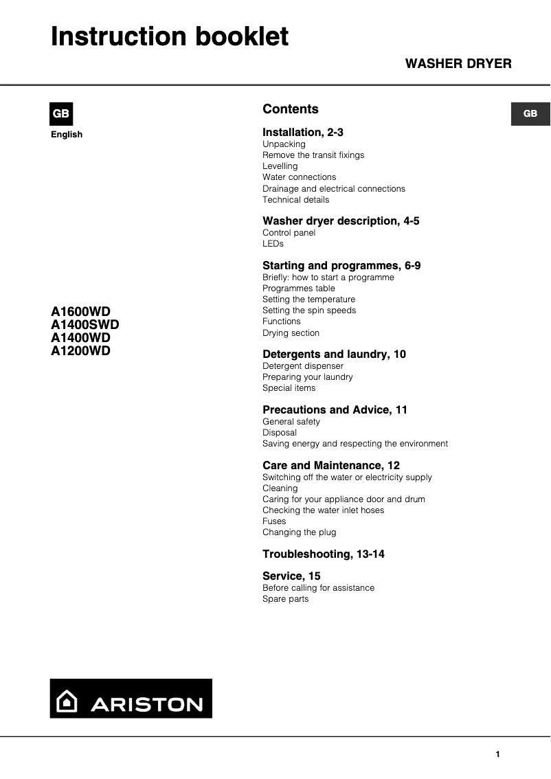 Page n°1 - Manuel utilisateur Ariston Thermo A1200WD