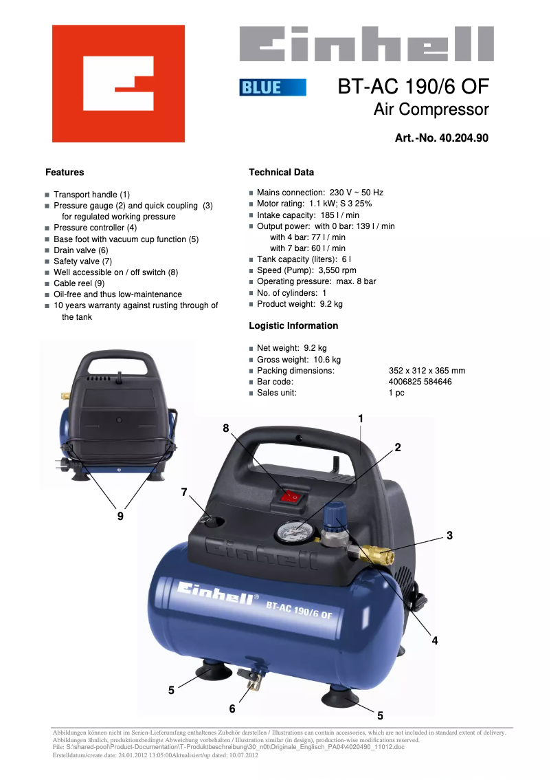 Page n°1 - Fiche technique Einhell BT-AC 190/6 OF