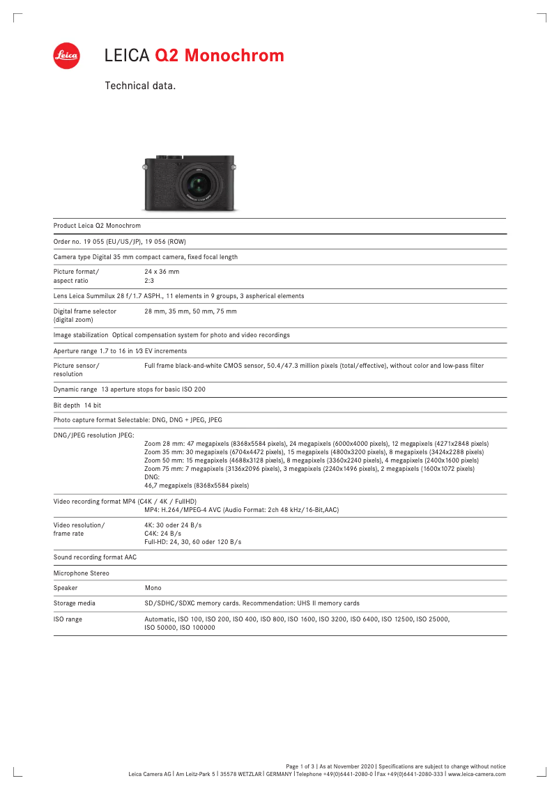 Page 1 de la notice Fiche technique Leica Q2 Monochrom