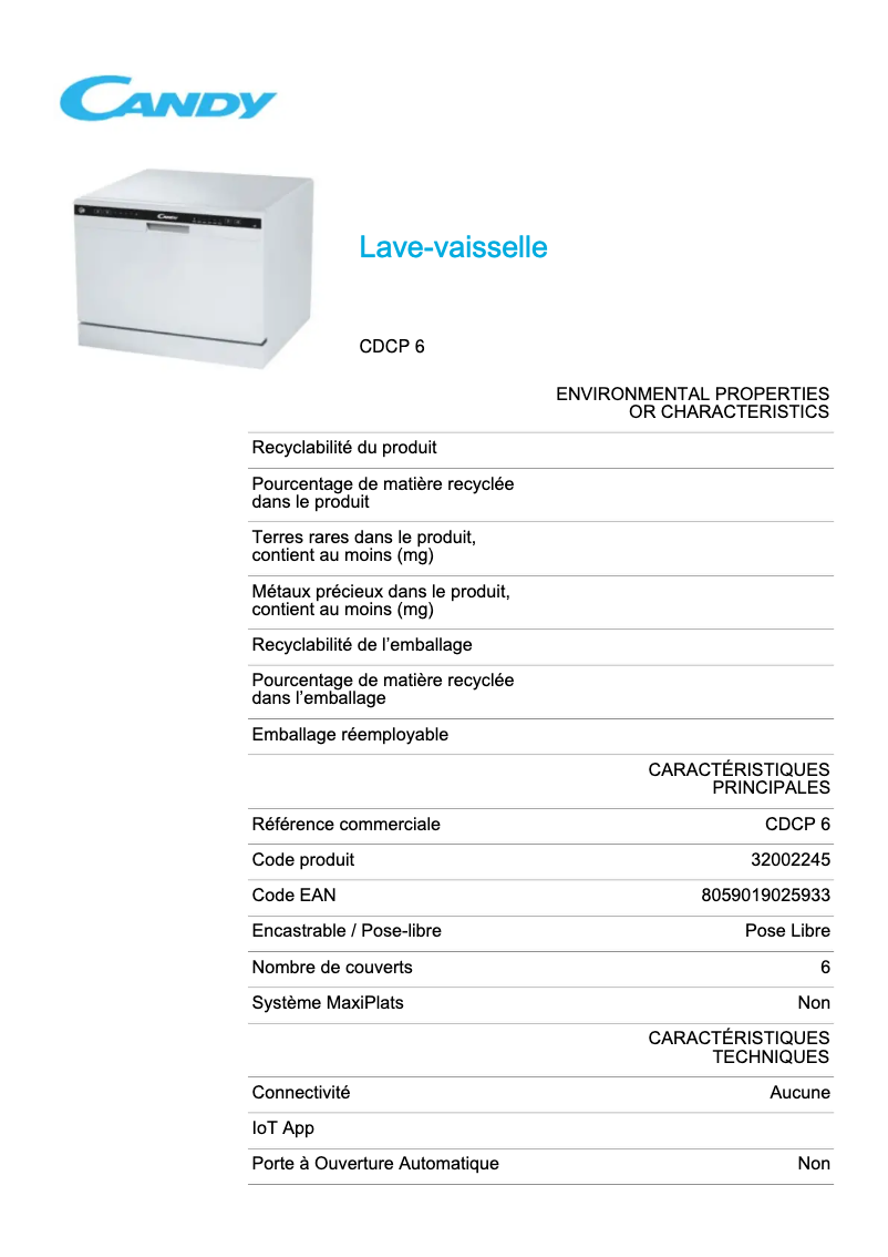 Page 1 de la notice Fiche technique Candy CDCP 6
