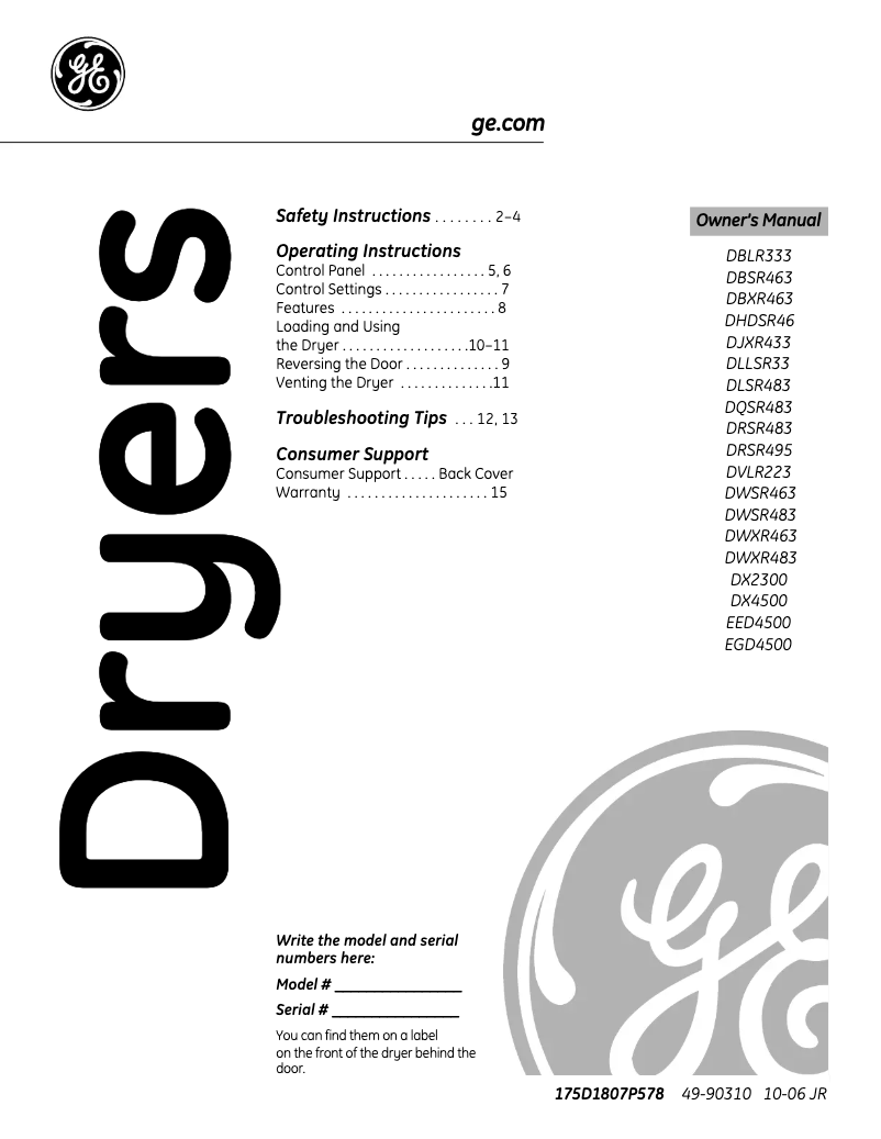 Page n°1 - Manuel d'utilisation et d'entretien GE DLLSR33EFWC