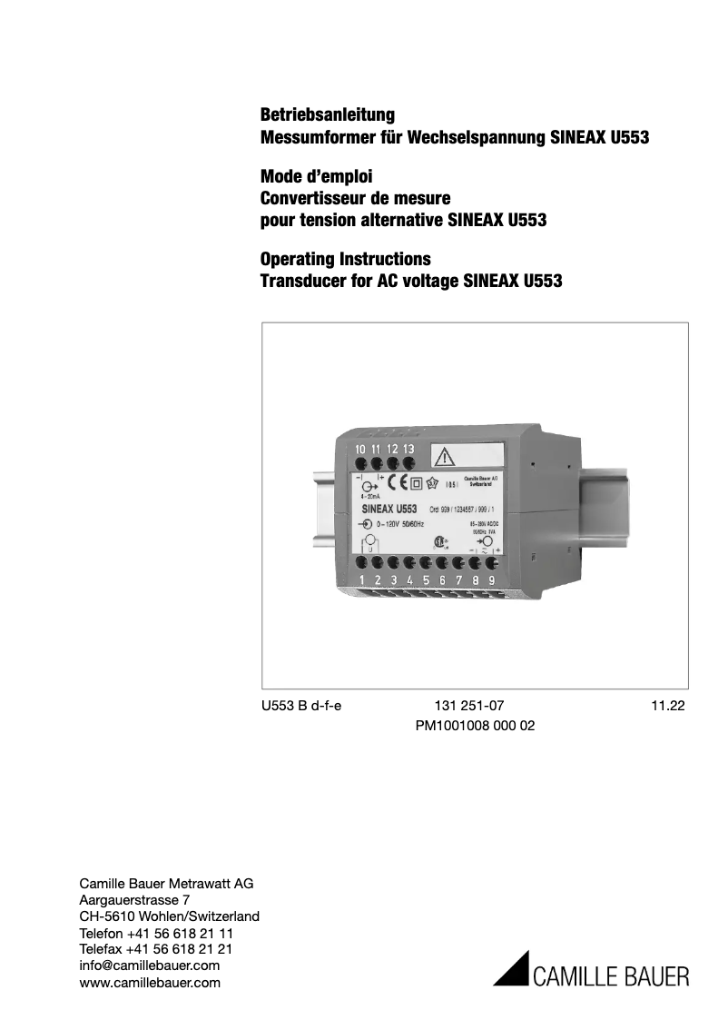 Page n°1 - Manuel utilisateur Camille Bauer SINEAX U553