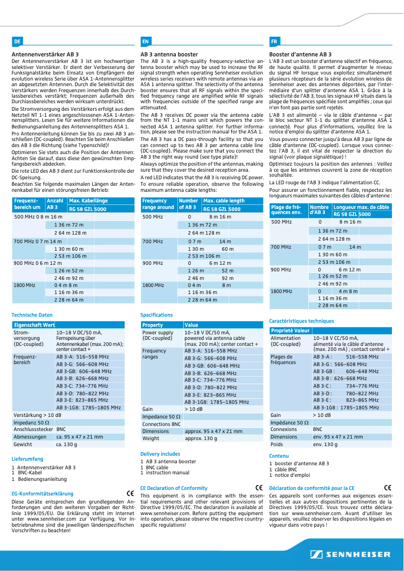 Page 1 de la notice Manuel utilisateur Sennheiser AB 3-1G8