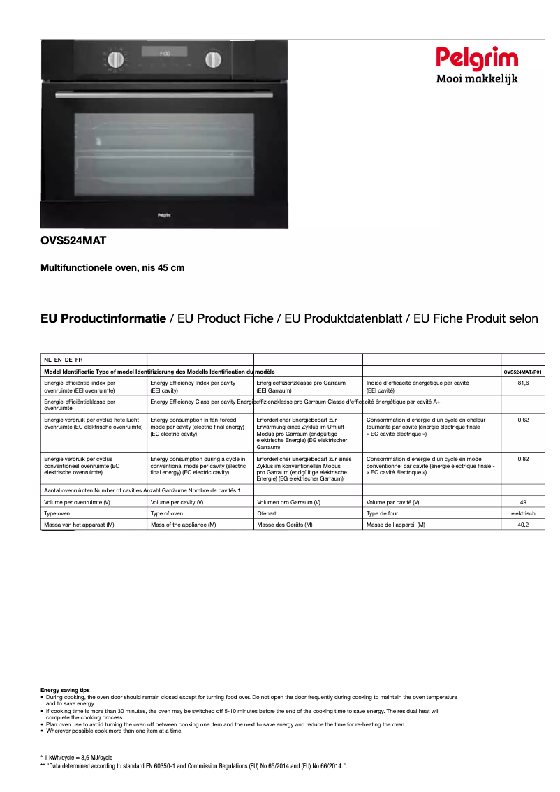 Page 1 de la notice Fiche technique Pelgrim OVS524MAT