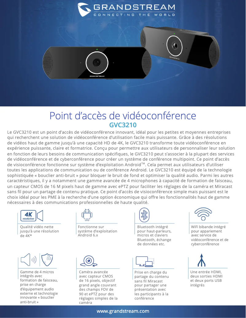 Page 1 de la notice Fiche technique Grandstream GVC3210