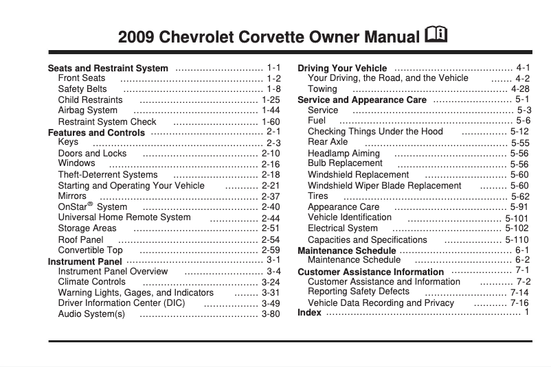 Page 1 de la notice Manuel utilisateur Chevrolet Corvette (2009)