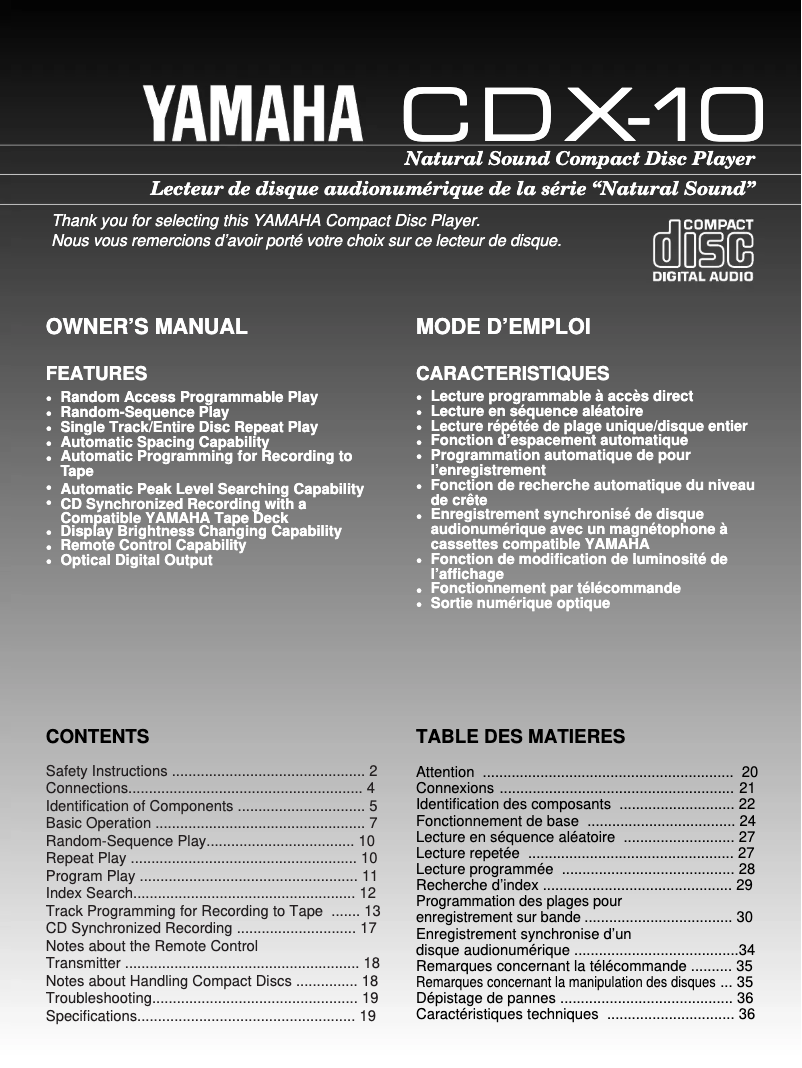 Page 1 de la notice Manuel utilisateur Yamaha CDX-10