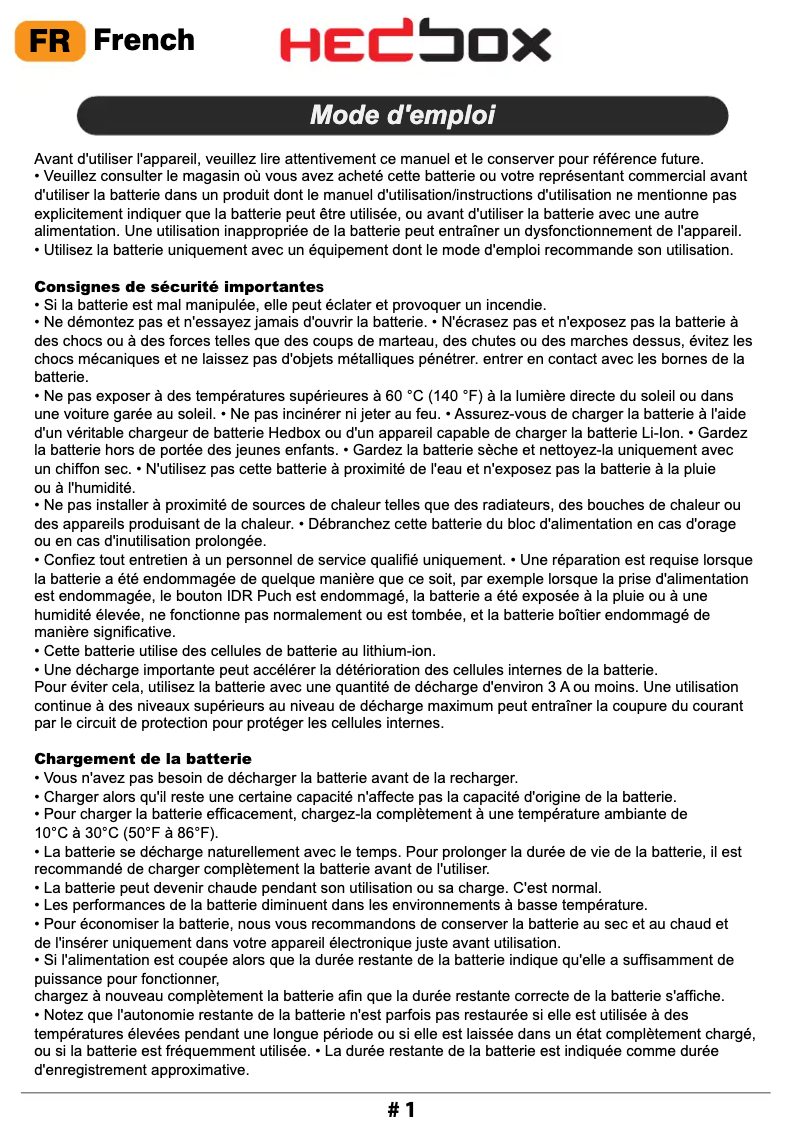 Page 1 de la notice Manuel utilisateur Hedbox RP-BP975