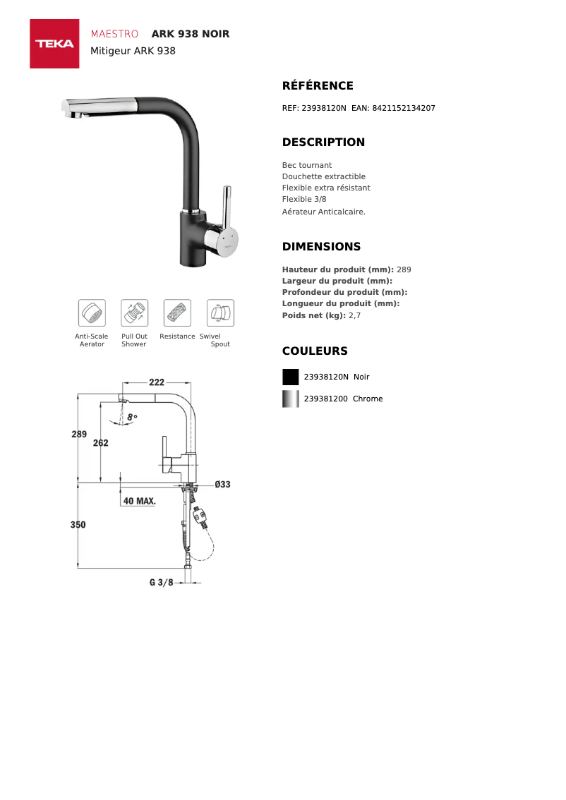 Page n°1 - Fiche technique Teka ARK 938