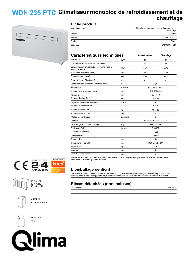 Page n°1 - Fiche technique Qlima WDH 235 PTC
