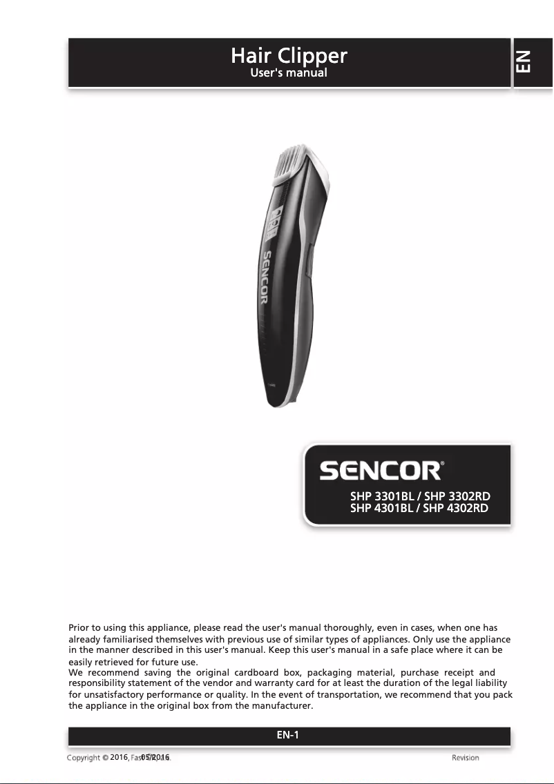 Page n°1 - Manuel utilisateur Sencor SHP 3301BL