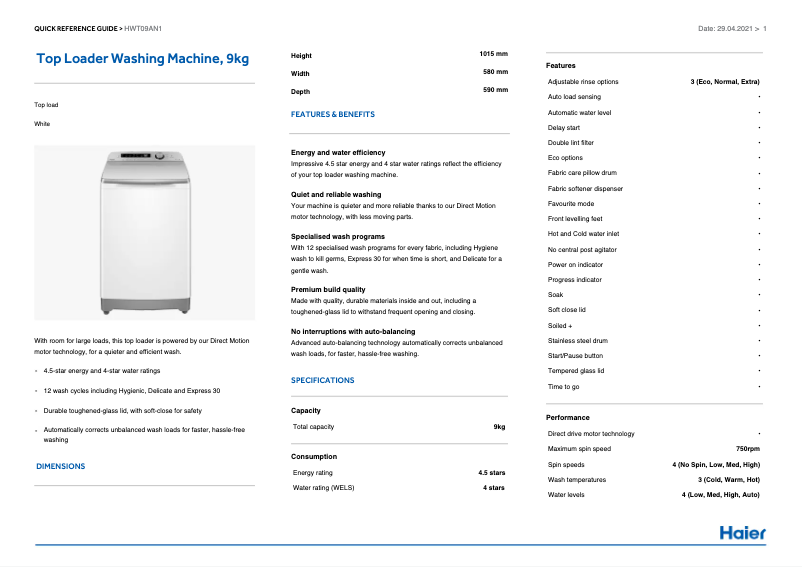 Page 1 de la notice Fiche technique Haier HWT09AN1