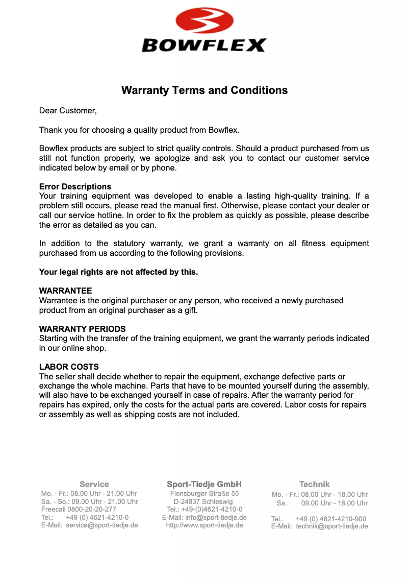 Página 1 del manual Información de garantía Bowflex SelectTech BDS1642