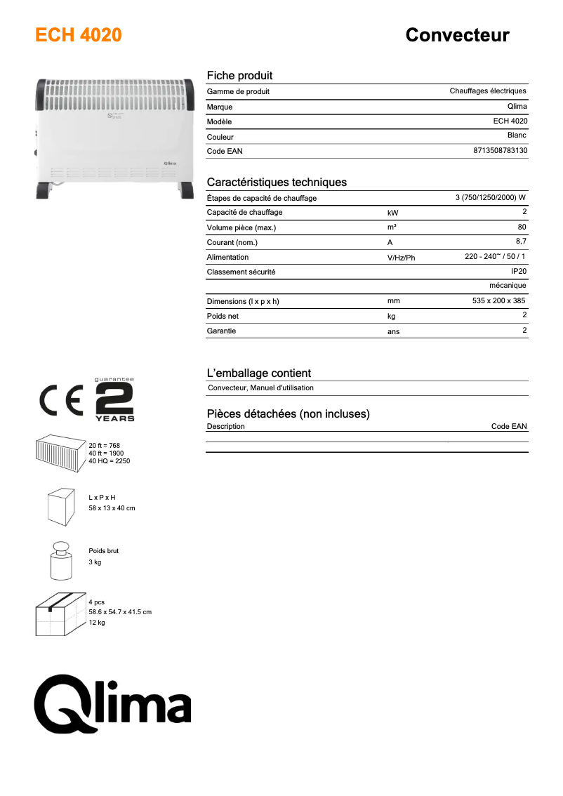 Page n°1 - Fiche technique Qlima ECH4020