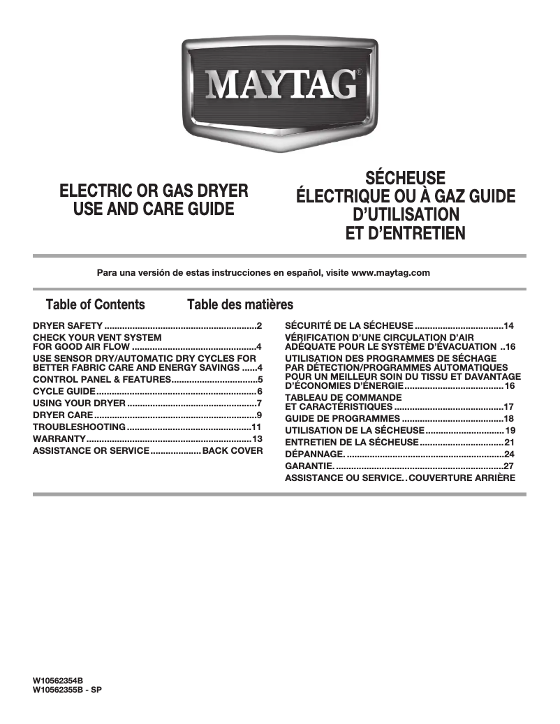 Page 1 de la notice Manuel d'utilisation et d'entretien Maytag MGDC300BW