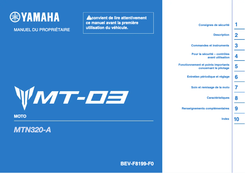 Page 1 de la notice Manuel utilisateur Yamaha MT-03 (2022)