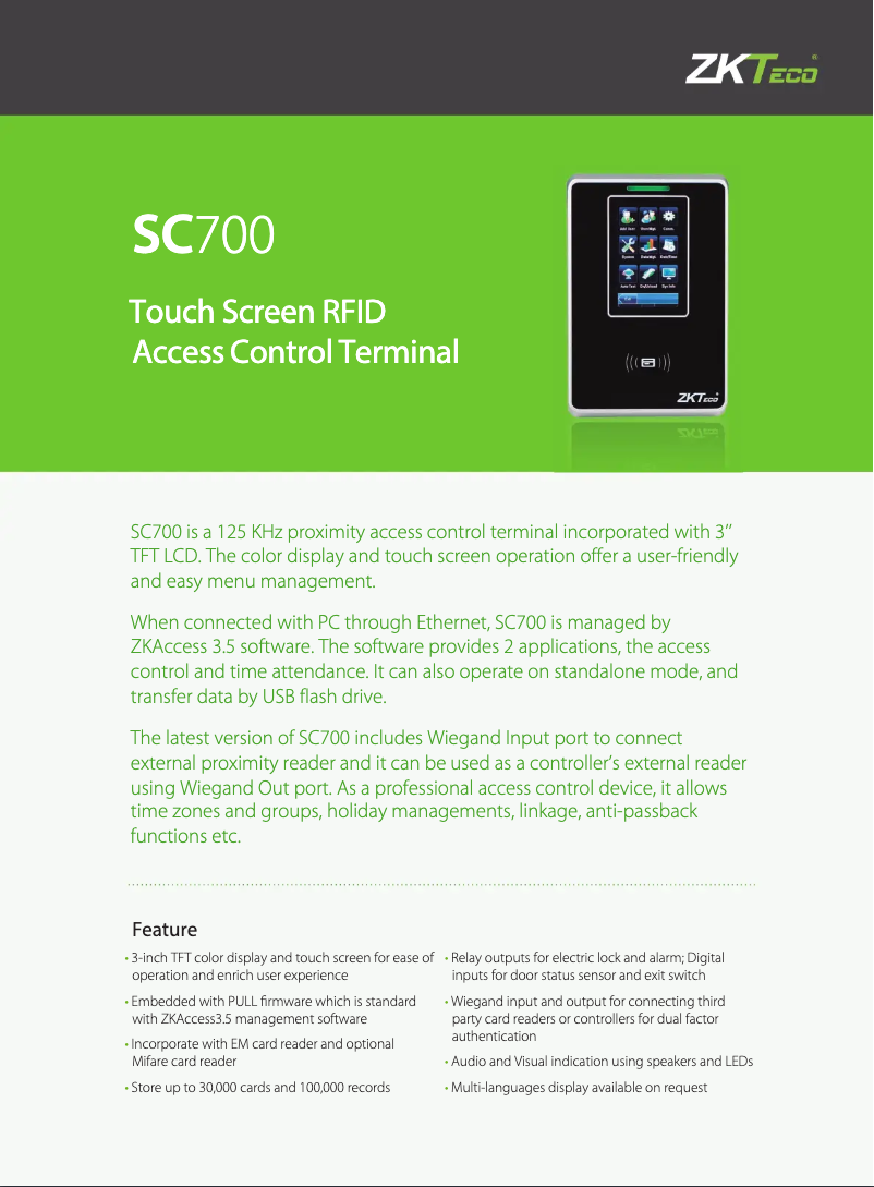 Page 1 de la notice Fiche technique ZKTeco SC700