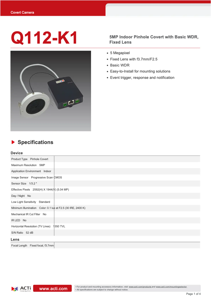 Page 1 de la notice Fiche technique ACTi Q112-K1
