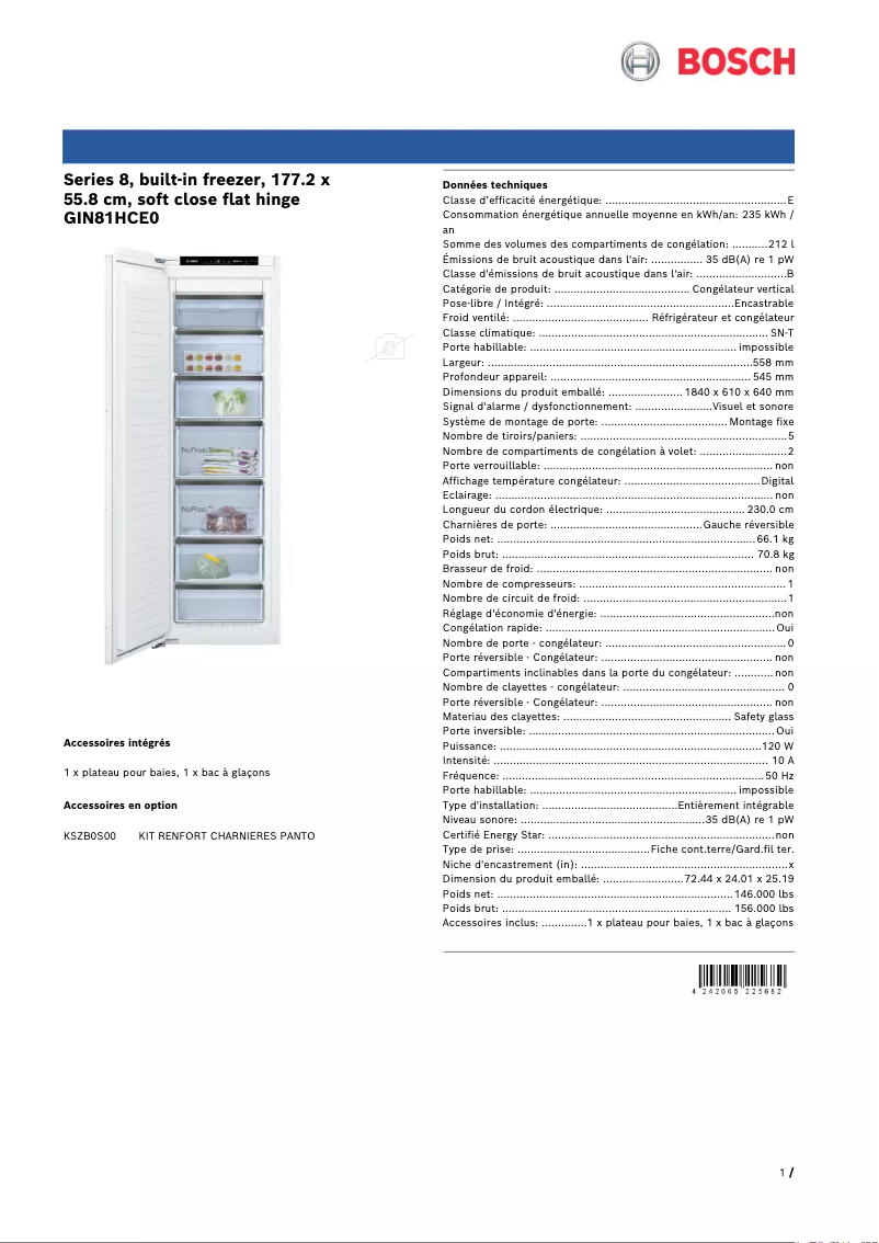 Page 1 de la notice Fiche technique Bosch GIN81HCE0